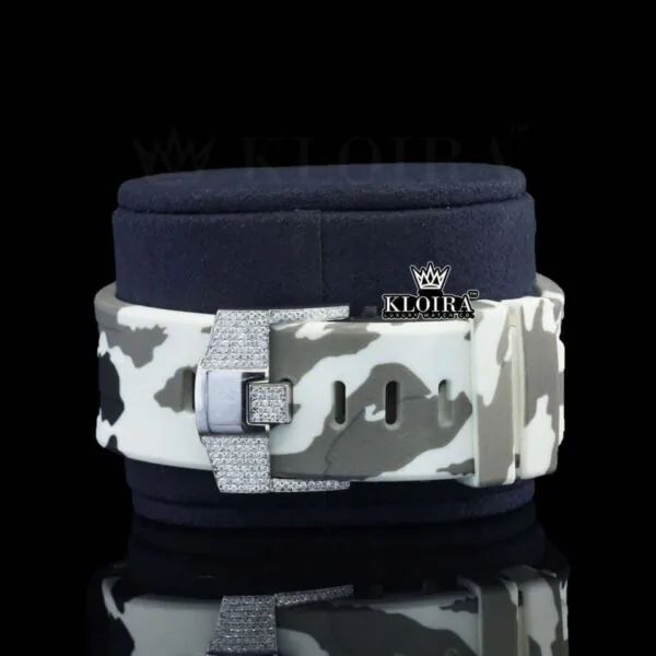 `White Grey Rubber Strap Silver Dial Iced Out Moissanite Diamond Watch Bracelet View