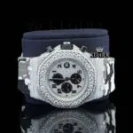 White Grey Rubber Strap Silver Dial Iced Out Moissanite Diamond Watch Close Up Front View