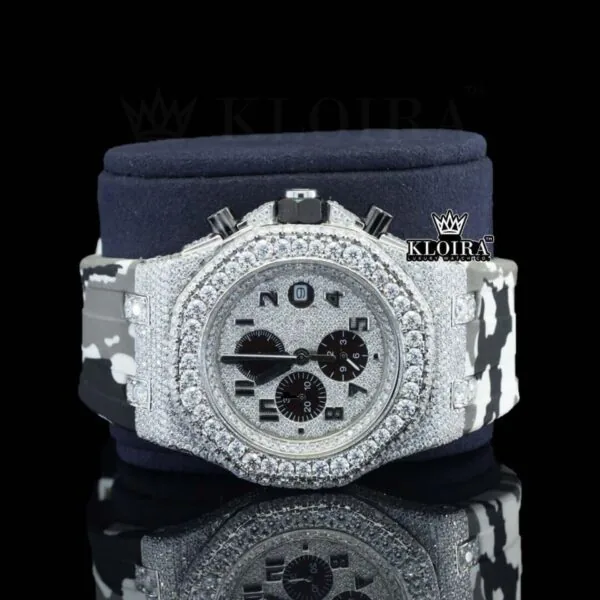 White Grey Rubber Strap Silver Dial Iced Out Moissanite Diamond Watch Close Up Front View