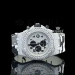 White Grey Rubber Strap Silver Dial Iced Out Moissanite Diamond Watch