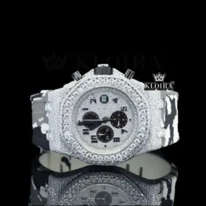 White Grey Rubber Strap Silver Dial Iced Out Moissanite Diamond Watch