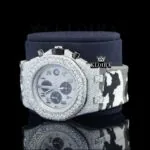 White Grey Rubber Strap Silver Dial Iced Out Moissanite Diamond Watch Left Profile View