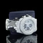 White Grey Rubber Strap Silver Dial Iced Out Moissanite Diamond Watch Right Profile View