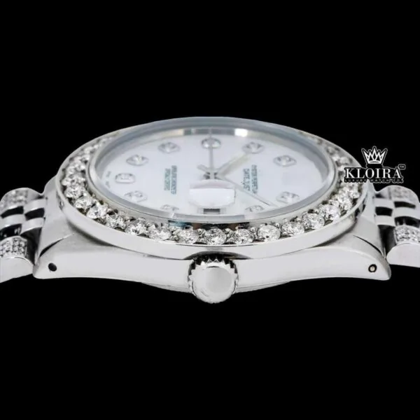 White Pearl Dial Diamond Markers Moissanite Diamond Watch Crown View