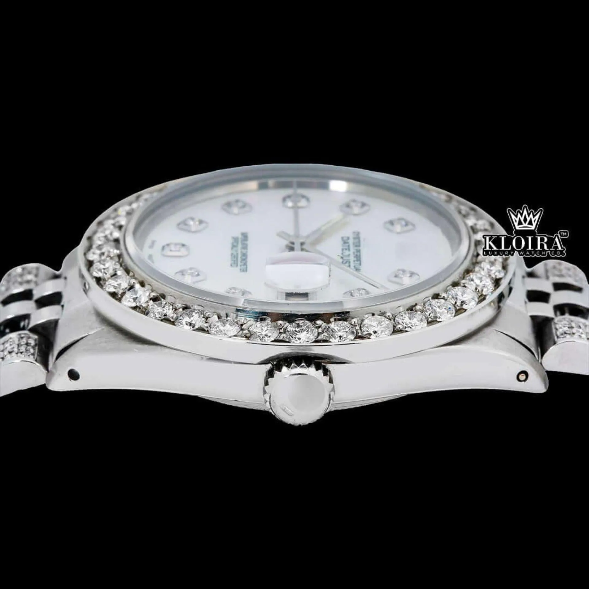 White Pearl Dial Diamond Markers Moissanite Diamond Watch Crown View