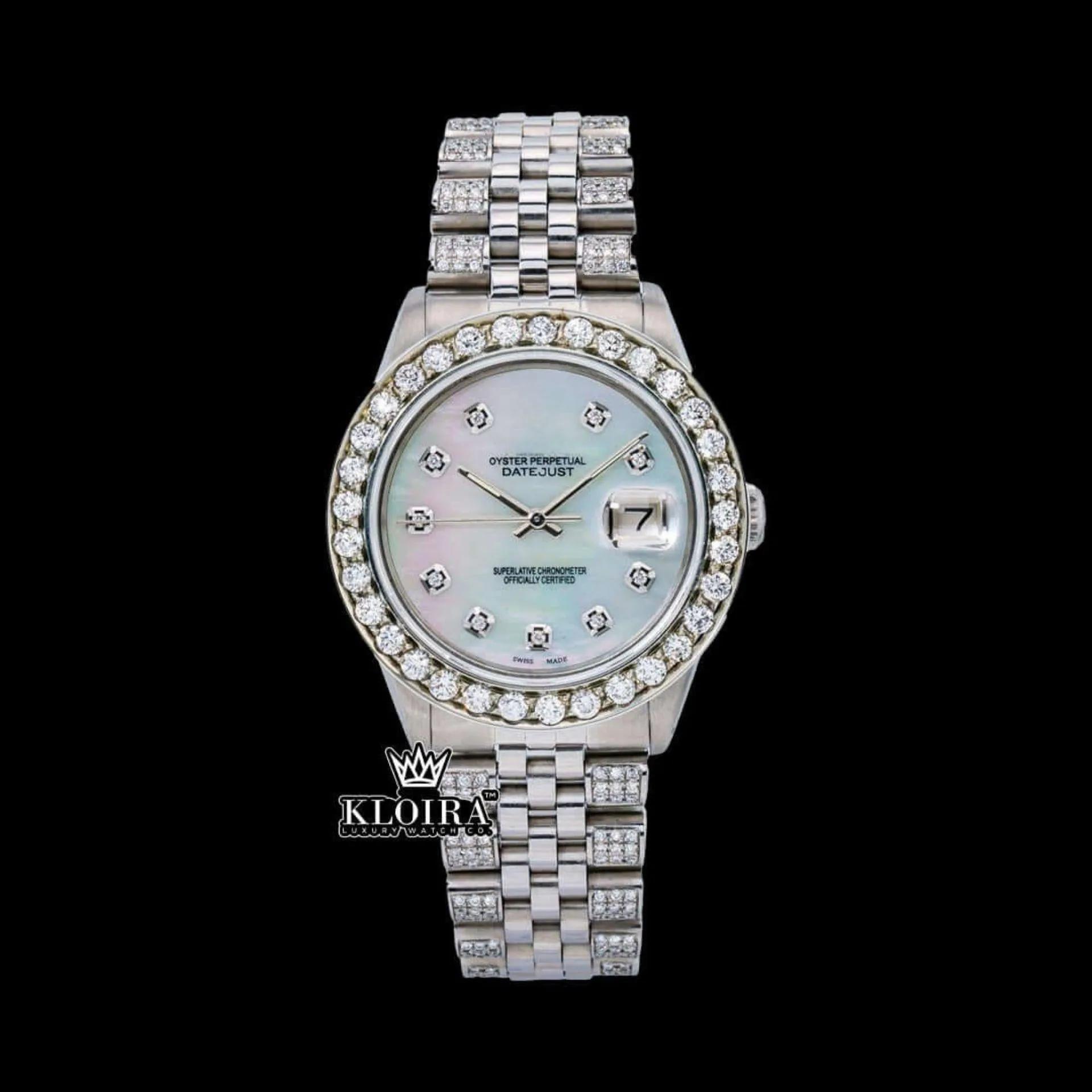 White Pearl Dial Diamond Markers Moissanite Diamond Watch Front View
