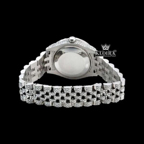 White Pearl Dial Roman Numerals Diamond Link Strap Iced Out Moissanite Watch Caseback View