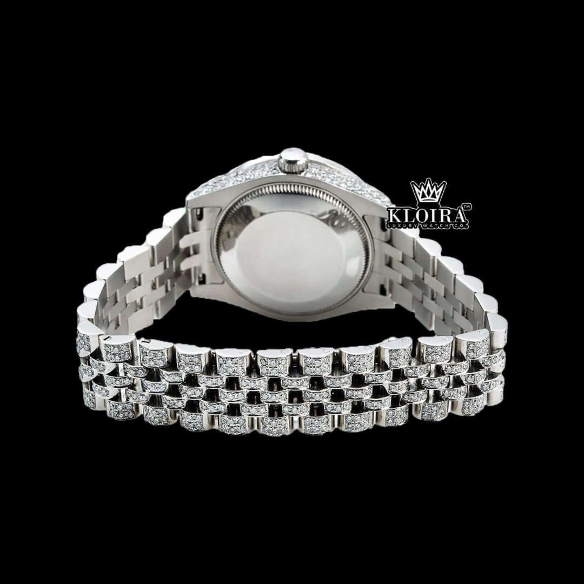 White Pearl Dial Roman Numerals Diamond Link Strap Iced Out Moissanite Watch Caseback View