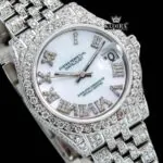 White Pearl Dial Roman Numerals Diamond Link Strap Iced Out Moissanite Watch Close Up Dial View