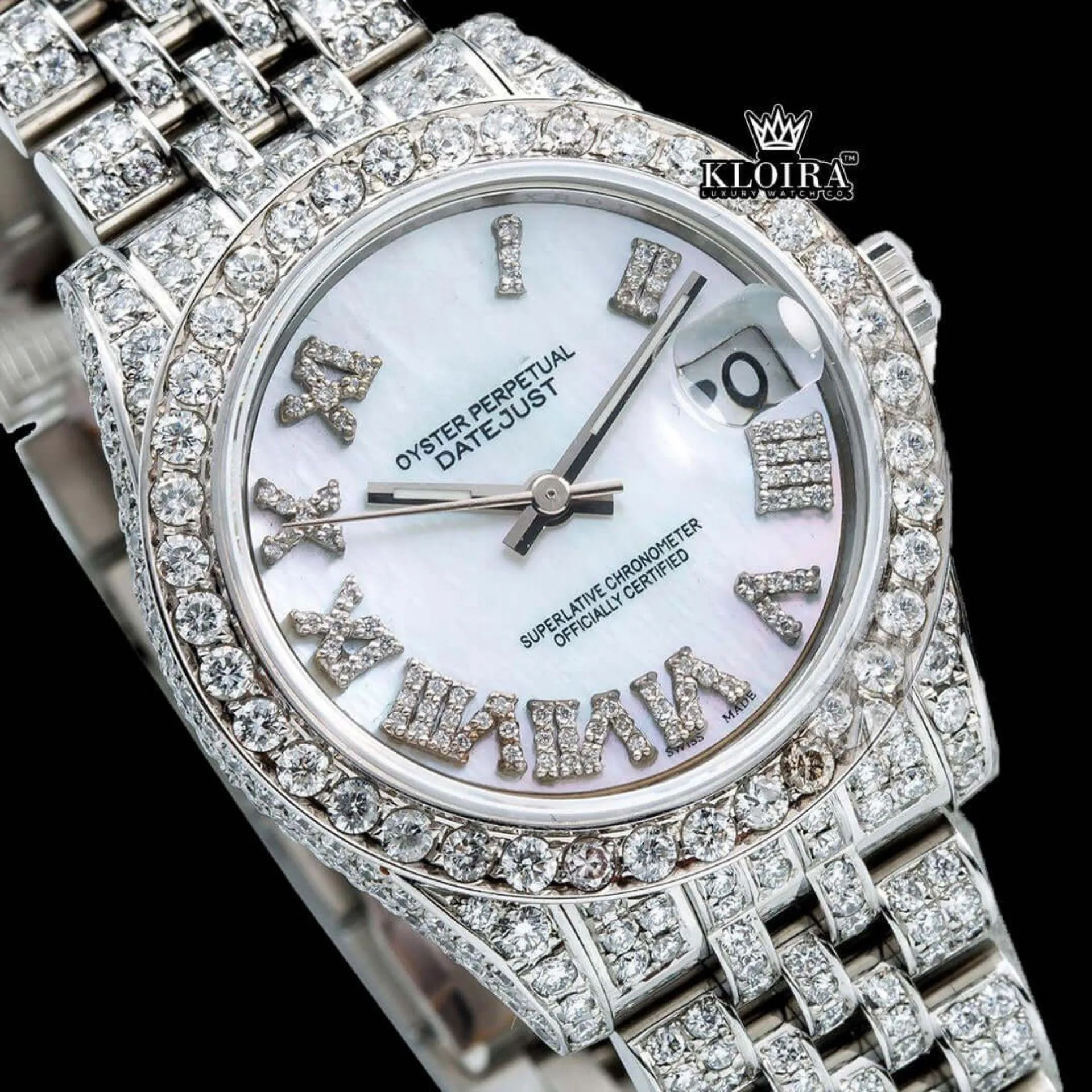 White Pearl Dial Roman Numerals Diamond Link Strap Iced Out Moissanite Watch Close Up Dial View
