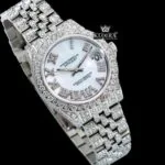 White Pearl Dial Roman Numerals Diamond Link Strap Iced Out Moissanite Watch Close Up Front View