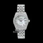 White Pearl Dial Roman Numerals Diamond Link Strap Iced Out Moissanite Watch Front View