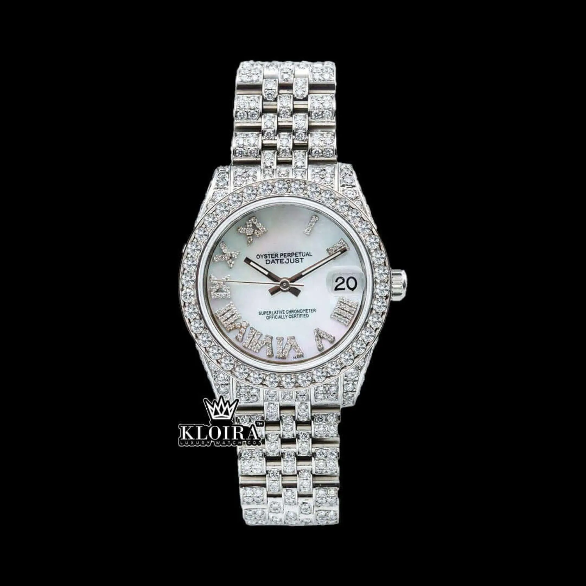 White Pearl Dial Roman Numerals Diamond Link Strap Iced Out Moissanite Watch Front View