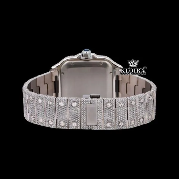 White Roman Dial Black Hands Fully Iced Out Moissanite Watch Caseback View