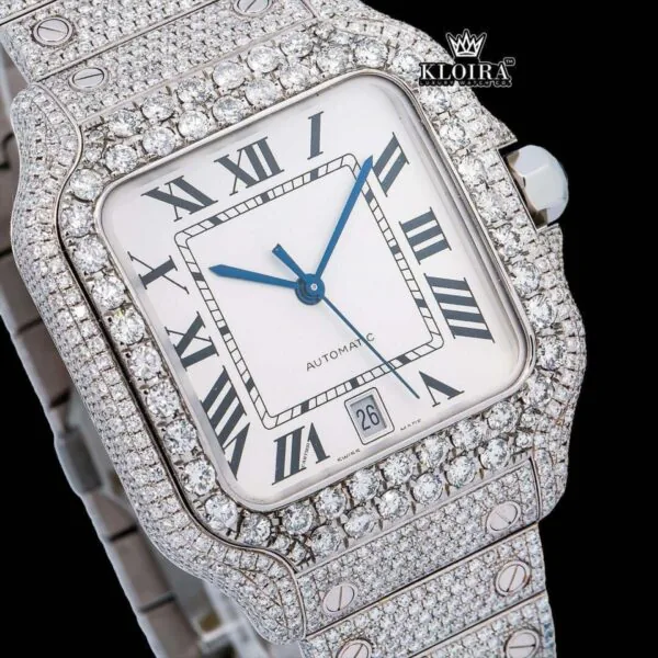 White Roman Dial Black Hands Fully Iced Out Moissanite Watch Close Up Dial View