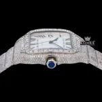White Roman Dial Black Hands Fully Iced Out Moissanite Watch Crown View