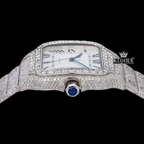 White Roman Dial Black Hands Fully Iced Out Moissanite Watch Crown View