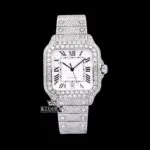 White Roman Dial Black Hands Fully Iced Out Moissanite Watch Front View