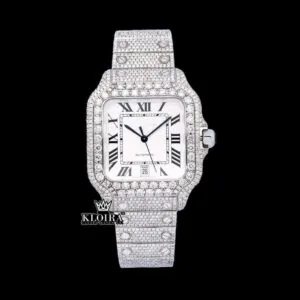 White Roman Dial Black Hands Fully Iced Out Moissanite Watch
