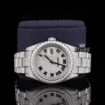 White Roman Dial Full Iced Out Classic Link Strap Moissanite Watch Close Up Front View