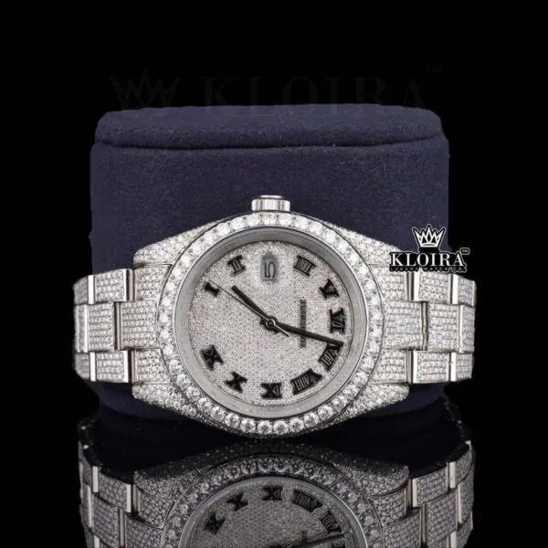 White Roman Dial Full Iced Out Classic Link Strap Moissanite Watch Close Up Front View