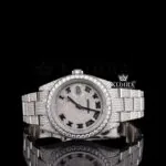 White Roman Dial Full Iced Out Classic Link Strap Moissanite Watch Front View