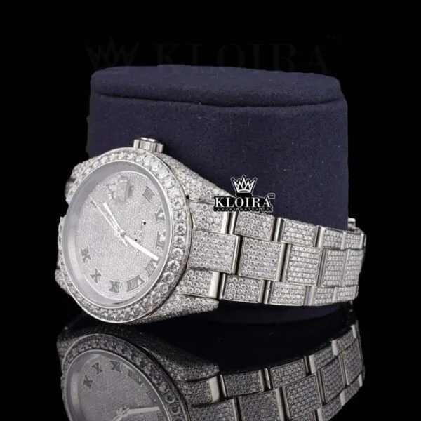 White Roman Dial Full Iced Out Classic Link Strap Moissanite Watch Left Profile View