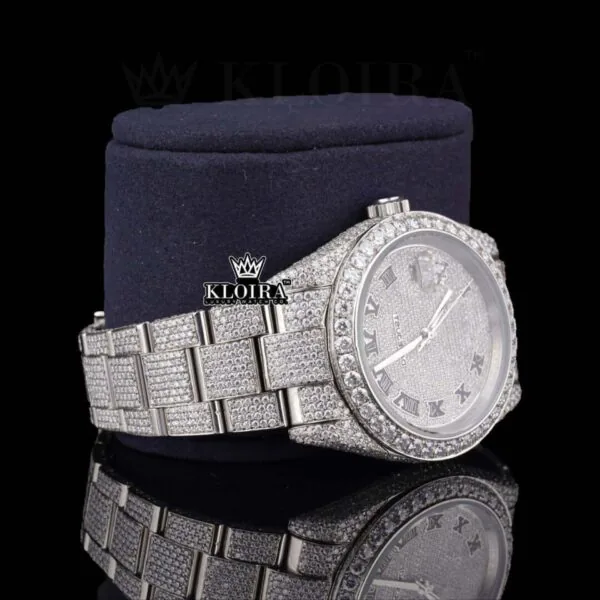 White Roman Dial Full Iced Out Classic Link Strap Moissanite Watch Right Profile View