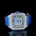 White Roman Dial Semi Iced Out Blue Leather Strap Moissanite Watch