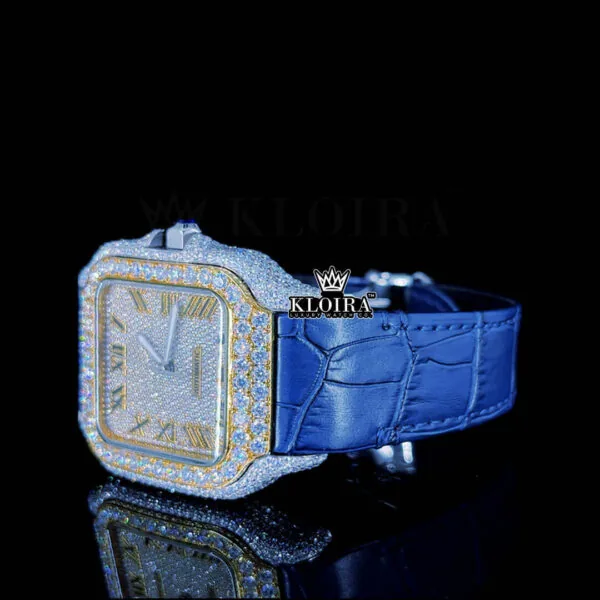 White Roman Dial Semi Iced Out Blue Leather Strap Moissanite Watch Left Profile View
