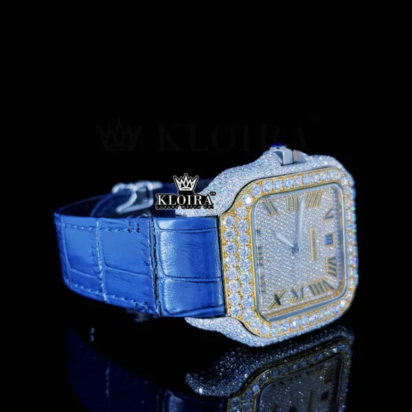 White Roman Dial Semi Iced Out Blue Leather Strap Moissanite Watch Right Profile View