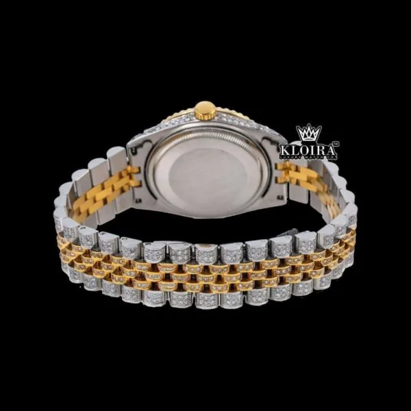White Roman Dial Two Tone Diamond Link Strap Moissanite Watch Caseback View