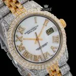 White Roman Dial Two Tone Diamond Link Strap Moissanite Watch Close Up Dial View