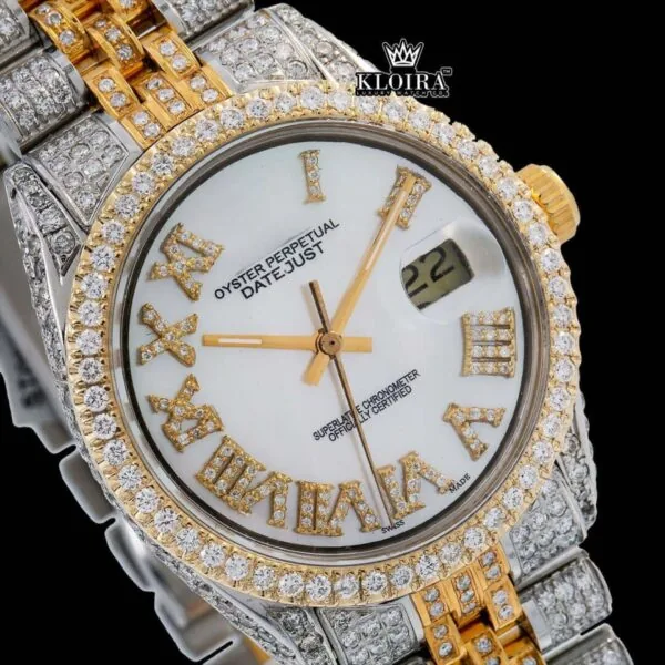 White Roman Dial Two Tone Diamond Link Strap Moissanite Watch Close Up Dial View