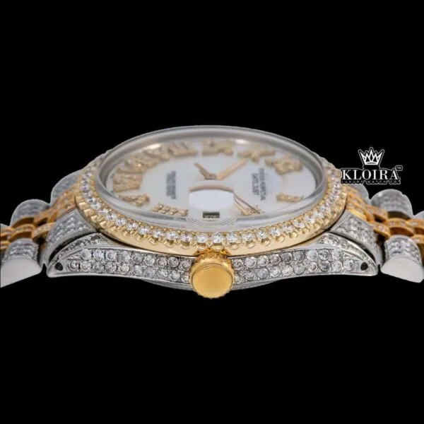 White Roman Dial Two Tone Diamond Link Strap Moissanite Watch Crown View