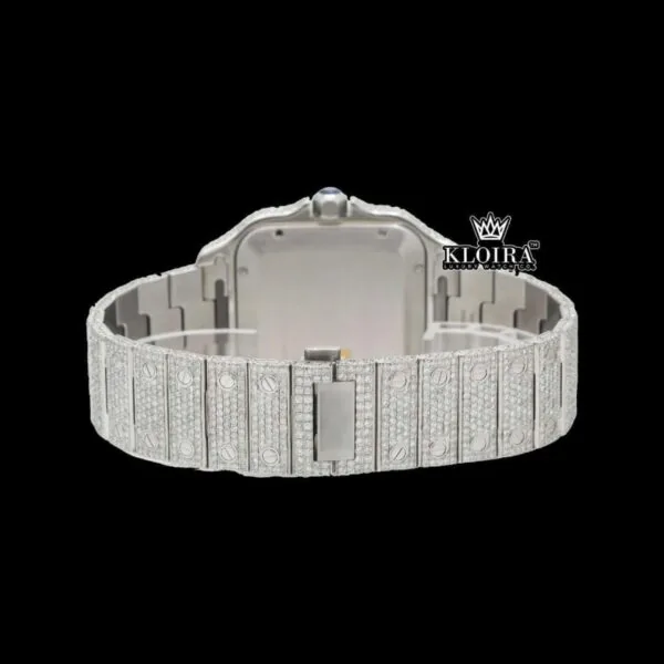 White Roman Numerals Blue Dial Full Iced Out Moissanite Watch Caseback View