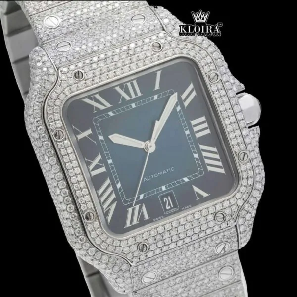 White Roman Numerals Blue Dial Full Iced Out Moissanite Watch Close Up Dial View