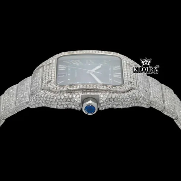 White Roman Numerals Blue Dial Full Iced Out Moissanite Watch Crown View