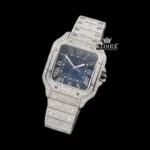 White Roman Numerals Blue Dial Full Iced Out Moissanite Watch