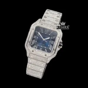 White Roman Numerals Blue Dial Full Iced Out Moissanite Watch