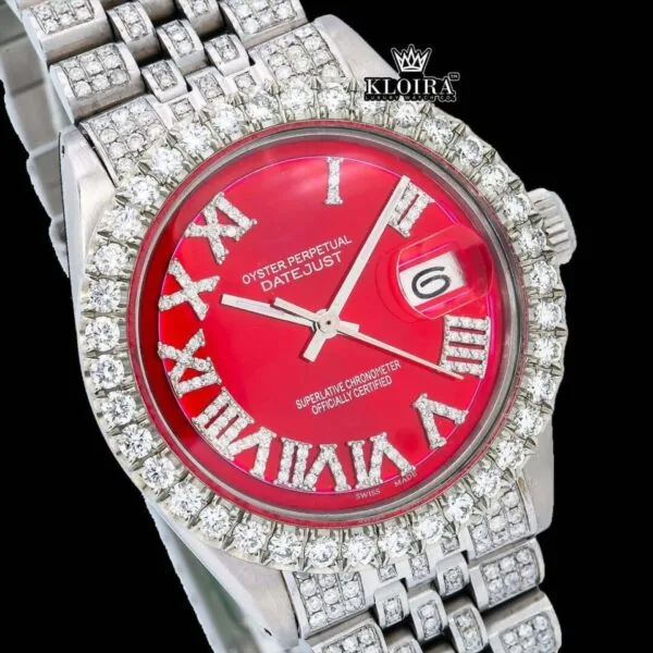 White Roman Numerals Red Dial Fuully Iced Moissanite Diamond Watch Close Up Dial View