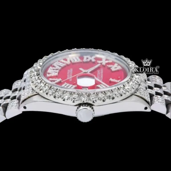 White Roman Numerals Red Dial Fuully Iced Moissanite Diamond Watch Crown View