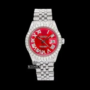White Roman Numerals Red Dial Fully Iced Moissanite Diamond Watch