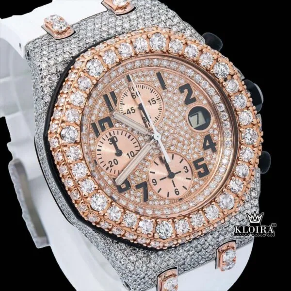 White Rubber Strap Chronograph Dial Semi Iced Out Moissanite Watch Close Up Dial View