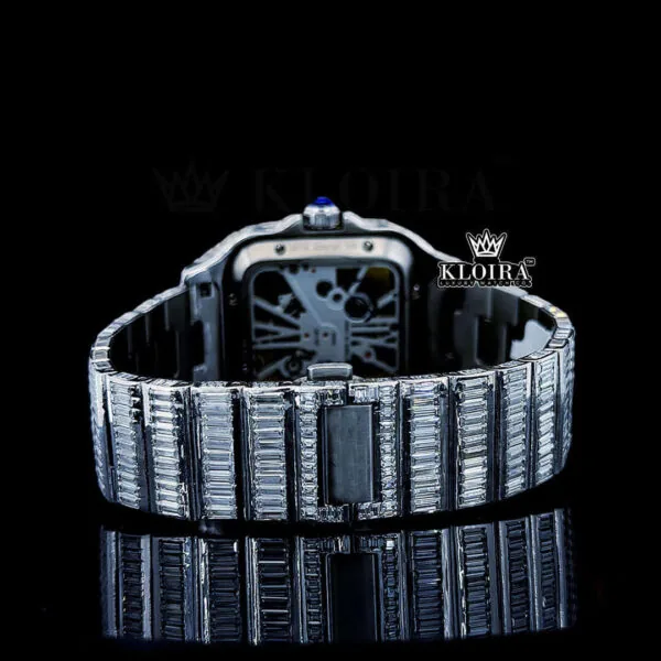 White Skeleton Dial Fully Iced Out Baguette Moissanite Watch Caseback View