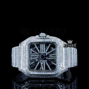 White Skeleton Dial Fully Iced Out Baguette Moissanite Watch