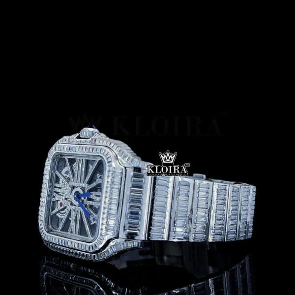 White Skeleton Dial Fully Iced Out Baguette Moissanite Watch Left Profile View