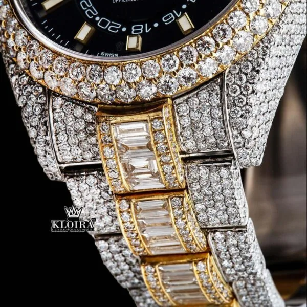 White Stick Markers Black Dial Two Tone Iced Out Moissanite Diamond Watch Bracelet View
