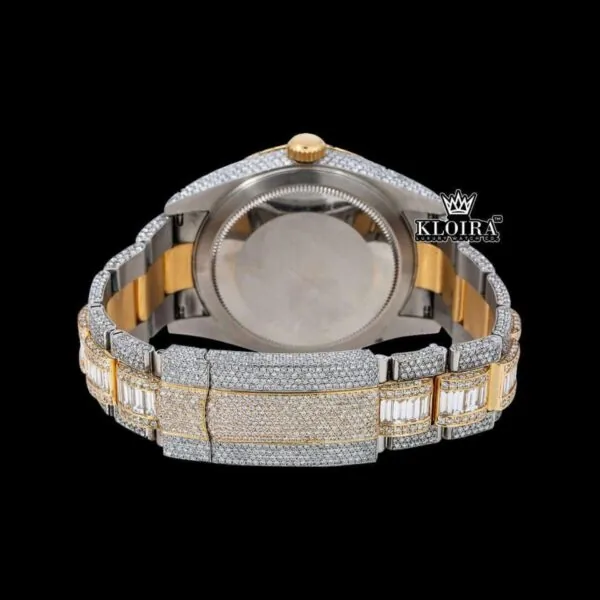 White Stick Markers Black Dial Two Tone Iced Out Moissanite Diamond Watch Caseback View