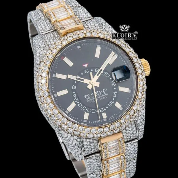 White Stick Markers Black Dial Two Tone Iced Out Moissanite Diamond Watch Close Up Dial View